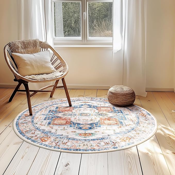Washable 4ft Area Rugs, Rugs for Living Room, Low-Pile Water&Stain Resistant Carpet Vintage Distressed Printed Non-Slip Carpet for Bedroom Bathroom Kitchen-Blue