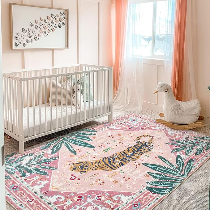 Washable Pink Rugs Boho Vintage Tropical Jungle 9x12 Area Rugs Tribal Oriental Carpet for Bedroom Kitchen Dining Living Room Office Distressed Indoor Cute Nursery Rug