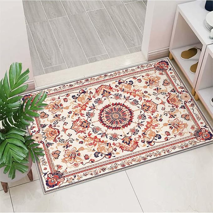 2x3 Entryway Rug Boho Orange Area Rug Indoor Entrance Non Slip Door Mat Stain Resistant Washable Machine Soft Low Pile Small Carpet Bathroom Kitchen