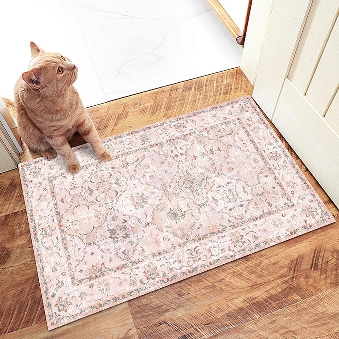 Washable Boho Vintage Area Rugs 2×3 Non-Slip Traditional Pink Area Rug Doormat for Bathroom Kitchen Entryway