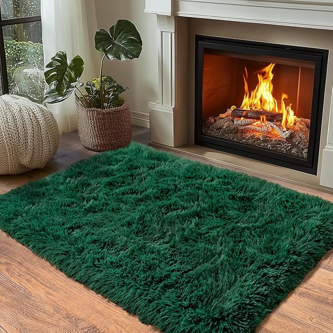 Green Fluffy Rug for Bedroom 3x5 ft Small Rug - Ultra Soft & Non Slip Shaggy Area Rug, Comfy Durable Carpet for Living Room Kids Room Teens Dorm Home Decor, 1.7'' Thick Indoor Plush Carpets