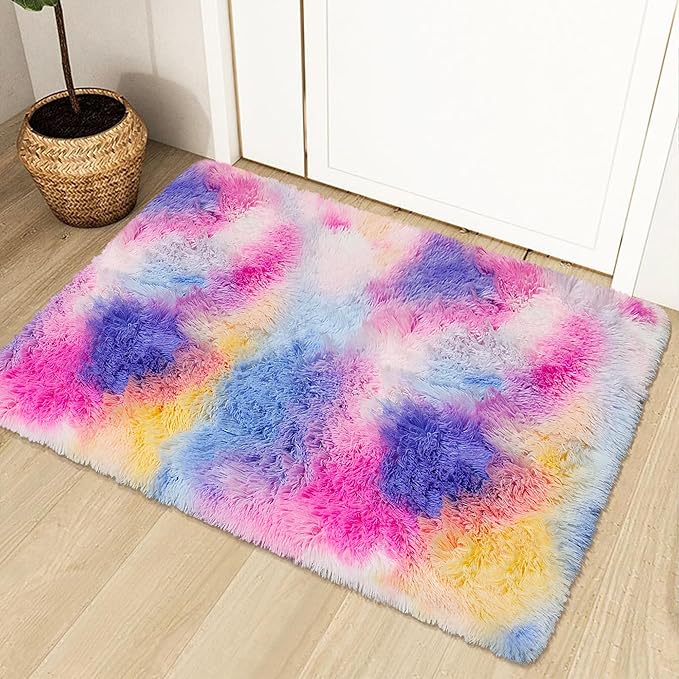 2x3 ft Small Throw Rugs Furry, Non Slip Mini Area Rug, Fluffy Tie-Dyed Rainbow Carpet,for Bedroom Door Entryway Indoor Inside Front Entrance Dog Mat, Home Decor Aesthetic, Nursery
