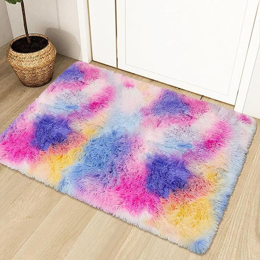 2x3 ft Small Throw Rugs Furry, Non Slip Mini Area Rug, Fluffy Tie-Dyed Rainbow Carpet,for Bedroom Door Entryway Indoor Inside Front Entrance Dog Mat, Home Decor Aesthetic, Nursery