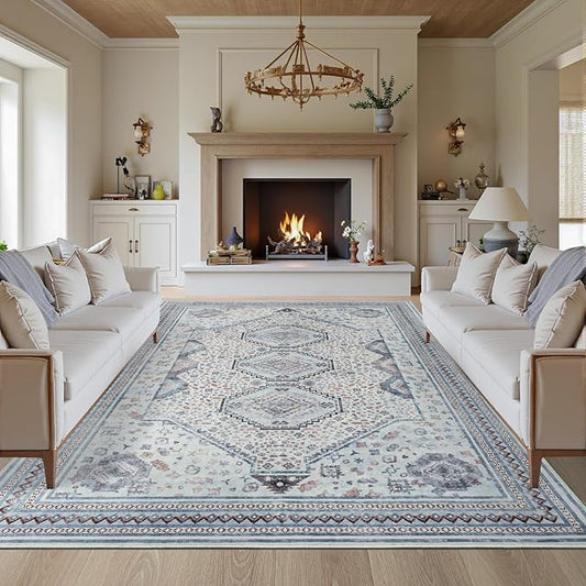 Maxsoft 5X8 Area Rug,Vintage Machine Washable Rugs for Living Room, Soft Non-Slip Low Pile Rug, Stain Resistant Rugs for Kitchen, Bedroom, Dining Room,Laundry Room,Nursery (Beige Blue)