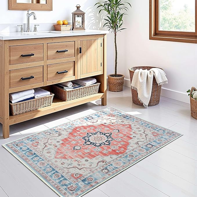 Vintage Entryway 2x3 Rug, Machine Washable Small Medallion Area Rug, Soft Non-Slip Stain Resistance Boho Throw Rugs, Low-Pile Indoor Door Mat for Kitchen Bedroom Hallway Entry, Red Blue