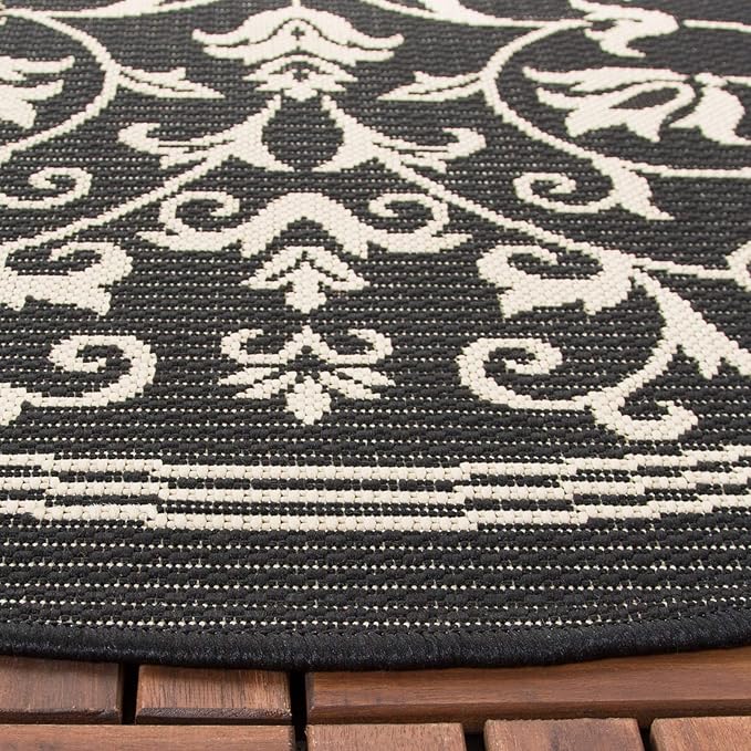 SAFAVIEH Courtyard Collection 6'7" Round Black / Sand CY2098 Scroll Indoor/ Outdoor Waterproof Easy-Cleaning Patio Backyard Mudroom Area-Rug