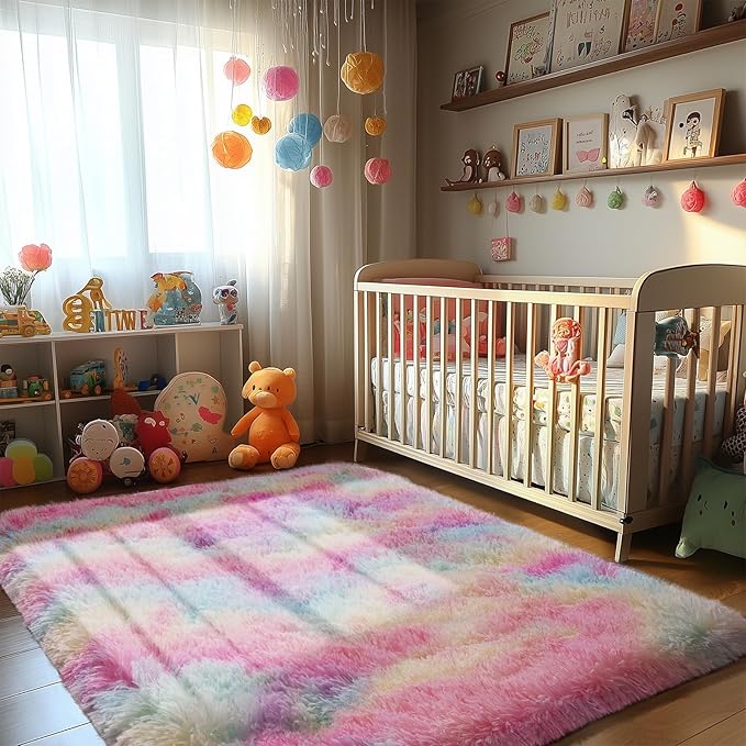 Zentavio Unicorn Rugs for Girls Room 4x6 Area Rugs for Living Room Carpet for Bedroom Washable Soft Fluffy Shag Aesthetic Plush High Pile Throw Rug for Nursery Kids Room Dorm Room Rainbow