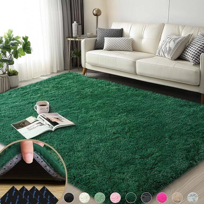 3x5 Rugs for Bedroom, Fluffy Dark Green Area Rugs for Living Room, Soft Shag Kids Rug Small Carpet with 4 Non-Slip Rug Pads (3ft x 5ft, Dark Green)