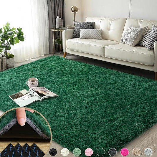 3x5 Rugs for Bedroom, Fluffy Dark Green Area Rugs for Living Room, Soft Shag Kids Rug Small Carpet with 4 Non-Slip Rug Pads (3ft x 5ft, Dark Green)