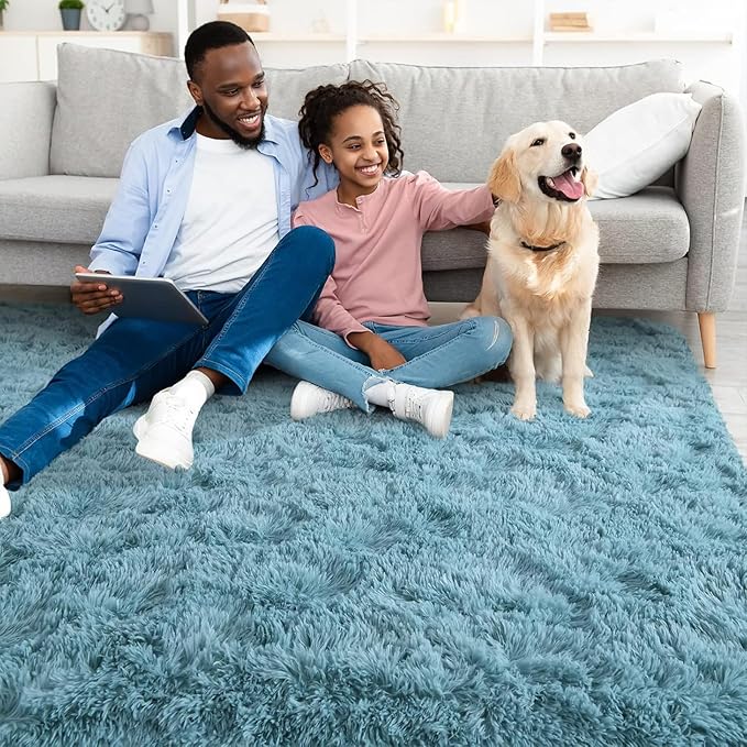 YJ.GWL Area Rugs for Living Room Bedroom, 3x5 Machine Washable Small Teal Bedside Rug, Soft Fluffy Shaggy Thick Shag Indoor Floor Carpet for Kids Boy and Girls Room Preppy Dorm Home Decor Aesthetic