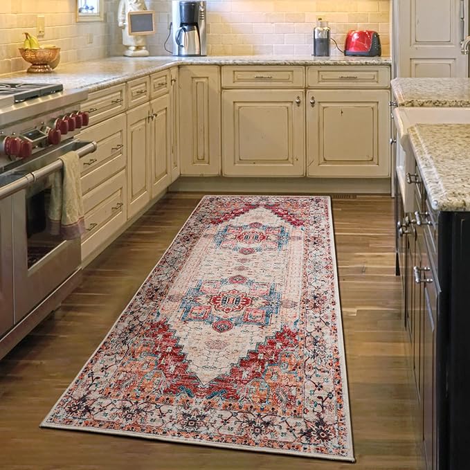 YJ.GWL Area Rug 2x6, Machine Washable Hallway Runner Rug, Boho Floral Vintage Distress Print Pattern Carpet, Low Pile Lightweight Thin Rugs for Entryway, Kitchen and Corridor, Orange