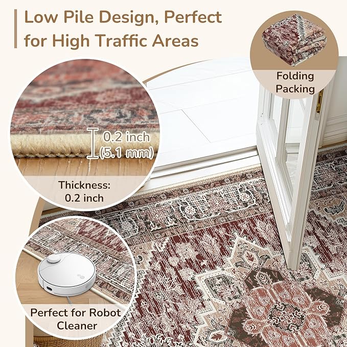 BESTSWEETIE 2x8 Area Rugs for Living Room Washable Non Slip Carpet Low Pile Soft Vintage Print Pattern Rug for Bedroom Dining Room Kitchen Entryway Indoor-Wine/Brown/Brick/Black/Light tan