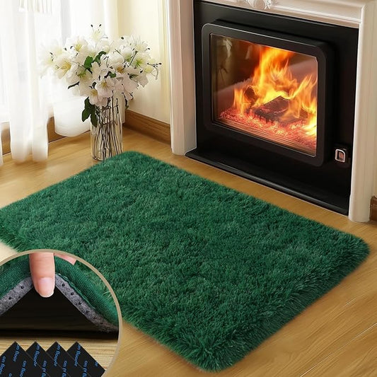 2x3 Rugs for Bedroom, Fluffy Dark Green Area Rugs for Living Room, Soft Shag Kids Rug Small Carpet with 4 Non-Slip Rug Pads (2ft x 3ft, Dark Green)
