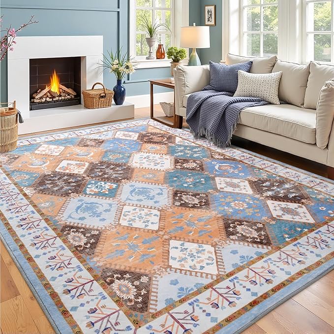 5x7 Blue Washable Area Rug for Living Room, Boho Non-Slip Bedroom Rugs, Moroccan Floral Trellis Carpet Soft Low Pile Accent Indoor Mat for Kitchen Laundry Room