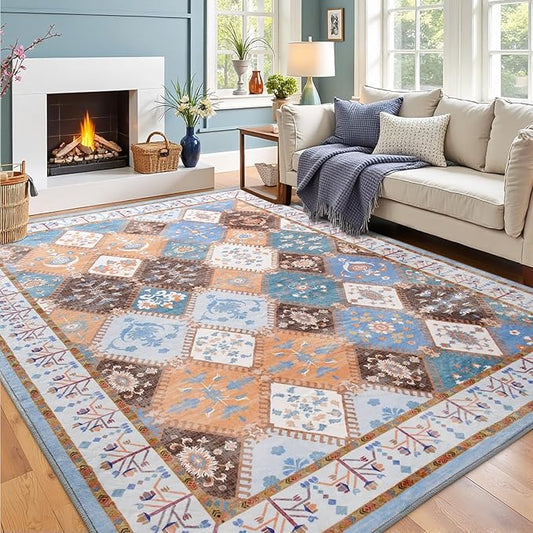5x7 Blue Washable Area Rug for Living Room, Boho Non-Slip Bedroom Rugs, Moroccan Floral Trellis Carpet Soft Low Pile Accent Indoor Mat for Kitchen Laundry Room