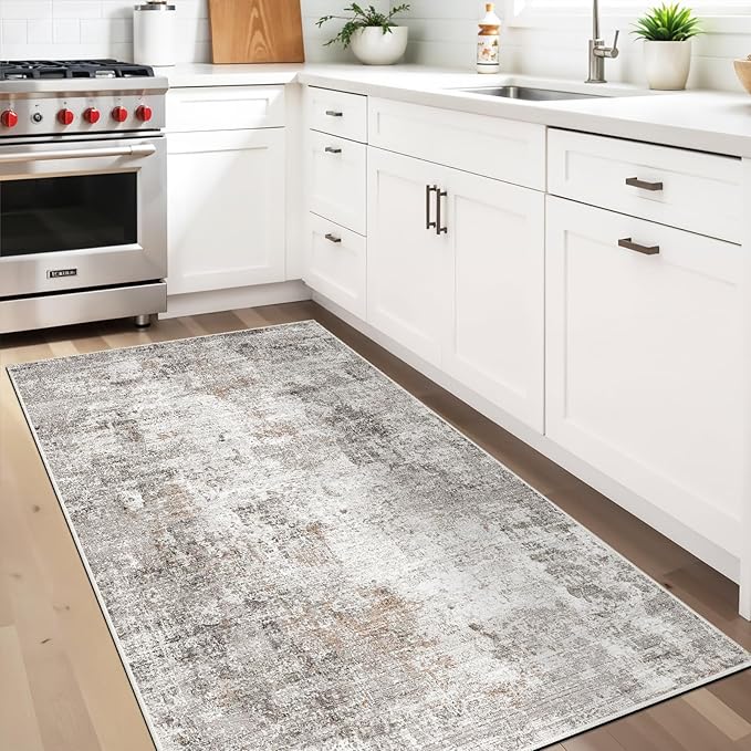 Washable 3x5 Entryway Rug - Non-Slip Rubber Backing, Soft Thin Low-Pile Stain-Resistant Modern Small Area Rugs for Kitchen Bedroom Living Room Hallway – Beige/Grey/Brown