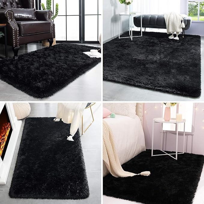 TWINNIS Super Soft Shaggy Rugs Fluffy Carpets,9x11 Feet, Indoor Modern Plush Area Rugs for Living Room Bedroom Kids Room Nursery Home Decor, Upgrade Anti-Skid Rectangular Fuzzy Rug, Black