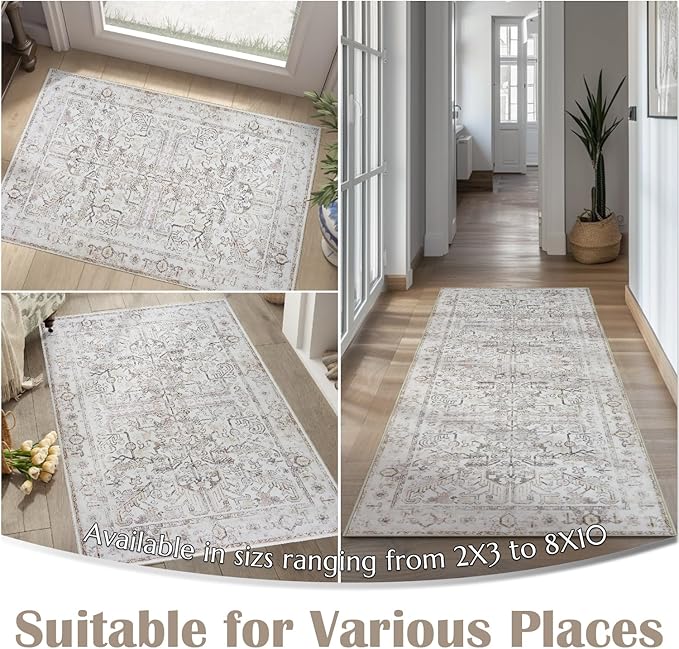 jinchan Kitchen Runner Rug 3x10-2pcs, Bohemian Hallway Washable Rug Floral Non Slip with Rubber Backing Vintage Carpet Runner for Bedroom Bathroom Laundry Room Living Room Taupe