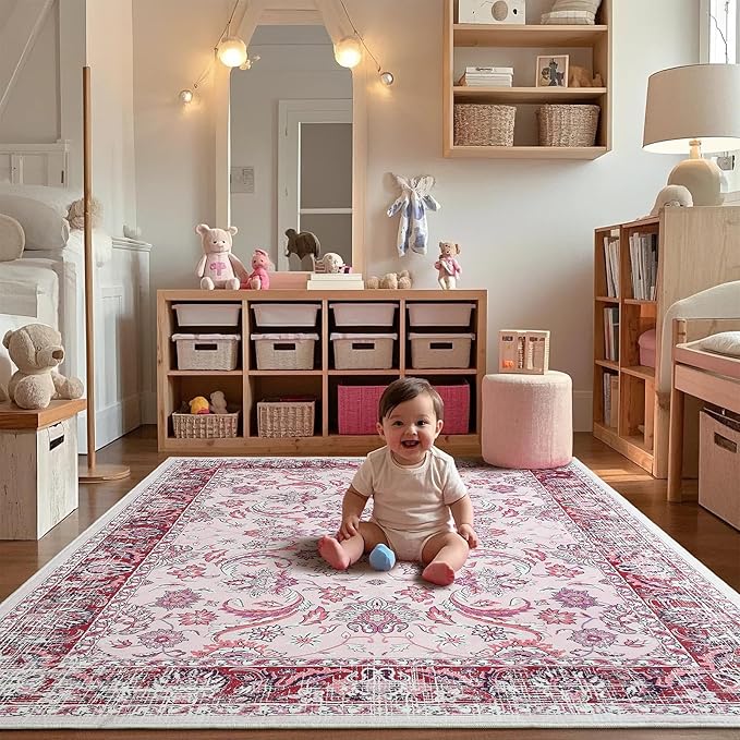 Area Rugs for Living Room, 4x6 Washable Rugs for Bedroom, Non-Slip Floral Carpet for Entryway Office Kitchen Dining Room, Pink and White