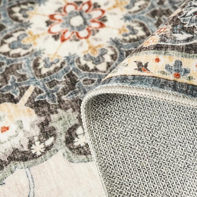 Washable Oriental Hallway Runner Rug - 3x8 Rugs for Living Room Soft Carpet for Bedroom Kitchen Waterproof Floral Distressed Indoor Stain Resistant Non-Shedding Floor Carpets (Blue, 3X8)