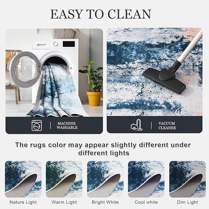 3x5 Blue Washable Area Rug for Living Room Bedroom, Modern Abstract Non-Slip Rugs, Low Pile Soft Stain Resistant Carpet for Dining Room, Kitchen, Office, Dorm, Bedside Decor