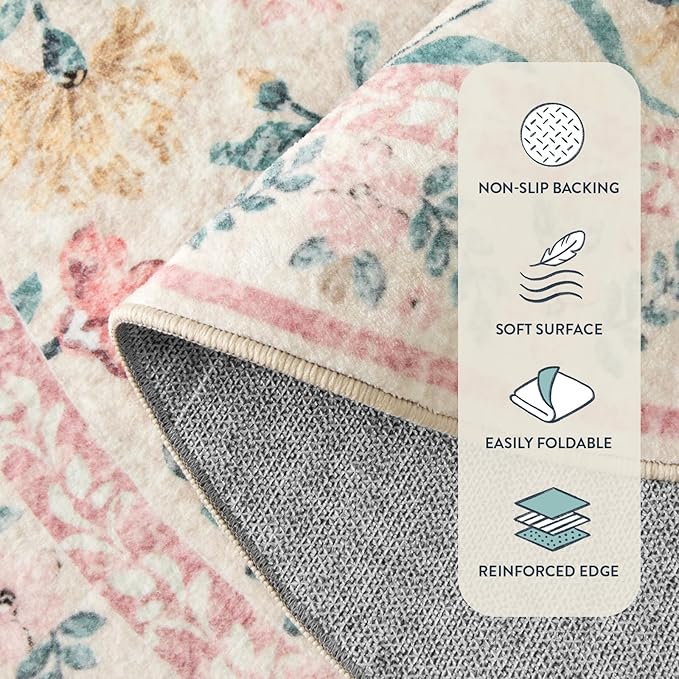 Lahome Boho Hallway Runner Rug 2x6,Floral Kitchen Runner Rugs Non Skid Washable,Super Soft Indoor Throw Carpet for Girls Bedroom Bedside Bathroom Laundry Room, Pink/Multi