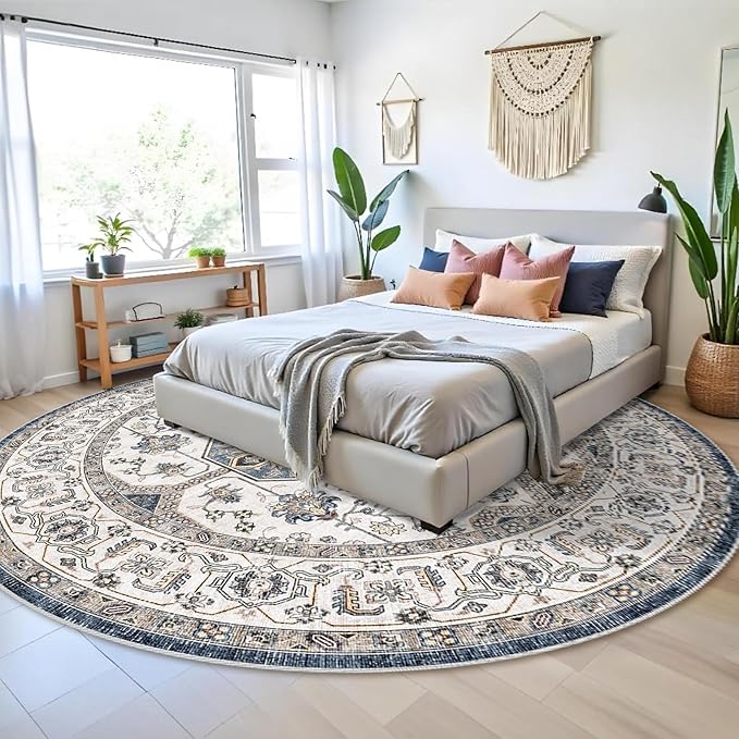 RUUGME Washable 9 Round Rug - Large Boho Rugs for Living Room Stain Resistant Carpet for Bedroom Kitchen Bathroom with Non Slip Backing Home Decor Floor Decoration Mat 9ft Navy