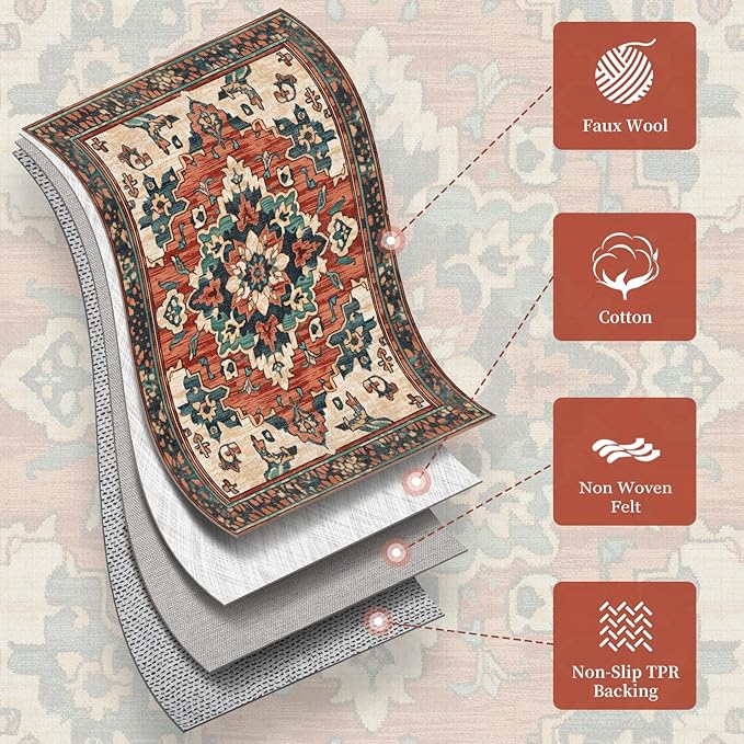 2x10 Machine Washable Non-Slip Rug & Mat - Soft Faux Wool & Polyester, Boho Stain-Resistant Indoor Carpet for Hallways, Kitchen, Entryway,Laundry, Bedroom, Bathroom, Low Pile, High Traffic