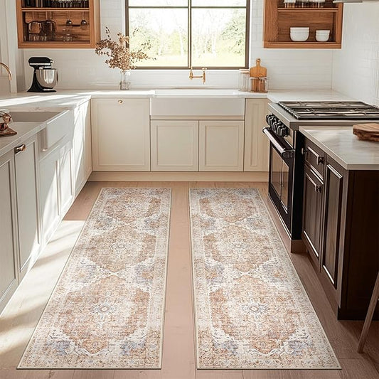 jinchan Runner Rug 3x8-2pcs Vintage Hallway Rug Kitchen Washable Runner Retro Floor Cover Lightweight Non-Slip Thin Distressed Carpet for Entryway Bathroom Laundry Room Bedroom Stairway Brick Red