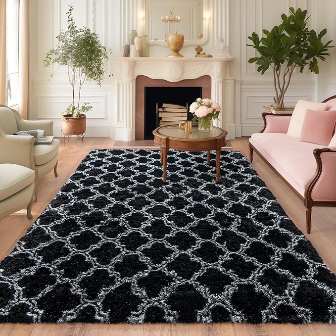 5x7 Area Rugs for Living Room, Plush Thick Carpets for Boy and Girls Room, Modern Soft Shag Rug for Bedroom, Non Slip, Large Indoor Carpet for Nursery Dorms Home Decor Aesthetic, Black