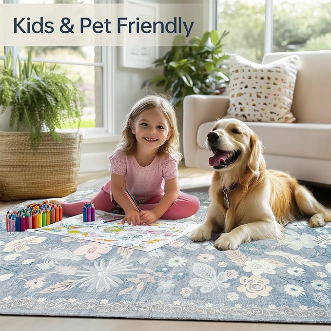 Washable Rugs 2x3 Throw Rugs for Entryway Non Slip Stain Resistant Doormat Light Blue Low Pile Faux Fur Farmhouse Boho Floral Area Rugs for Front Door Kitchen Bed Bedside Pet Home Decor