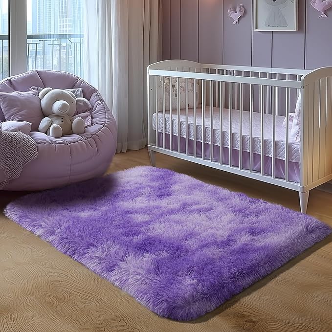 Zentavio Bedside Rugs Small 2x3 Shag Entry Entrance Rugs Soft Bedroom Carpet Area Rugs for Dorm College Essentials Non-Slip Living Room Throw Rug Home Decor Aesthetic Nursery Tie-Dyed Purple