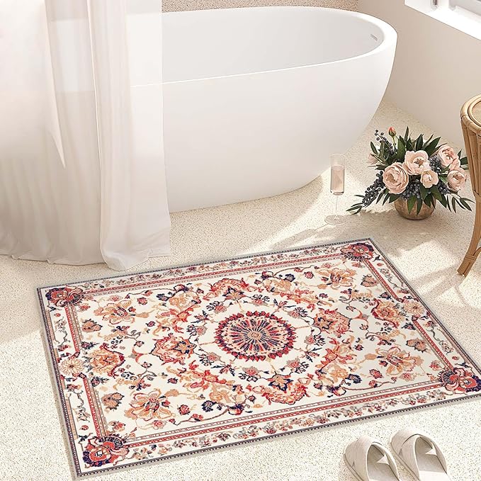 2x3 Entryway Rug Boho Orange Area Rug Indoor Entrance Non Slip Door Mat Stain Resistant Washable Machine Soft Low Pile Small Carpet Bathroom Kitchen