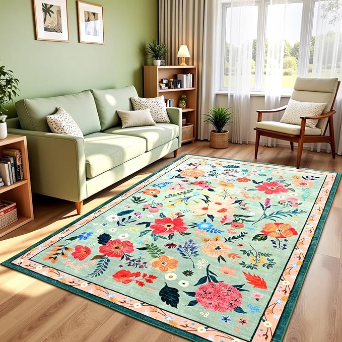 4x6 Floral Rug for Girls Bedroom, Machine Washable Area Rugs with Non Slip Backingfor Living Room, Cute Flowers Carpet Kitchen Dining Room Kids Playroom Decor, Light Green