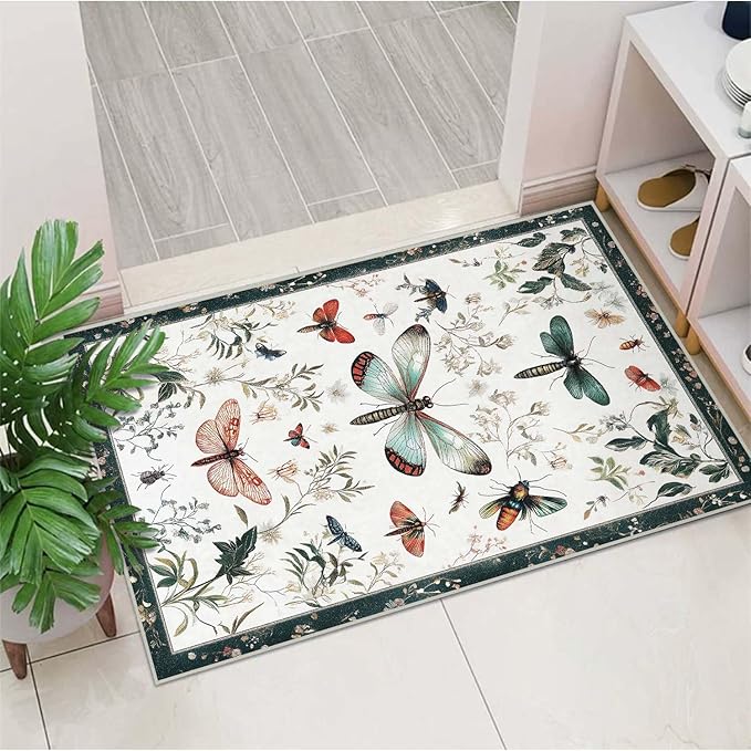2x3 Entryway Rugs Machine Washable Area Rug Butterfly Nature Botanical Leaf Boho White Rug Non-Slip Low Pile Door Mat Entrance Small Carpet for Home Kitchen Bathroom Bedroom