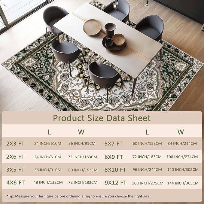 2x3 Entryway Rug Traditional Oriental Vintage White Dark Green Area Rug Indoor Entrance Non Slip Door Mat Stain Resistant Washable Machine Soft Low Pile Small Carpet Bathroom Kitchen