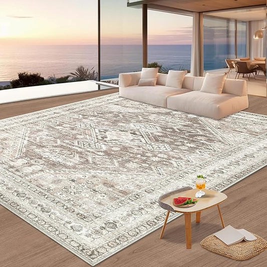 Zomfy Area Rug Vintage 8x10 Living Room Rugs: Large Washable Rug, Traditional Medallion Rug, Non Slip Boho Carpet for Bedroom Dining Table Kitchen Home Office(Brown, 8'x10')