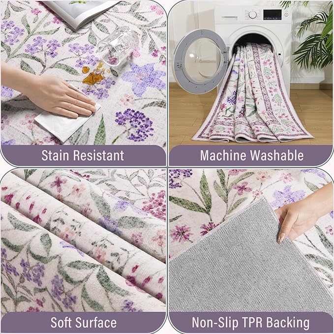 Amearea Purple Runner Rugs for Hallway, 2x6 Feet Area Rugs for Bedroom Girls, Washable Floral Collection Bedside Rugs Low Pile Print Carpet, Kids Room Entrance Kitchen Living Room Decor