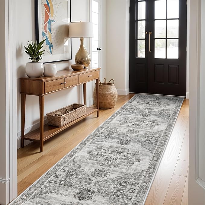 RUUGME Hallway 3x14 Runner Rugs - Large Boho Rugs for Living Room Stain Resistant Carpet Vintage Tribal Rugs for Bedroom Kitchen Bathroom Non Slip Backing Decor Floor Decoration Mat 3X14 Grey