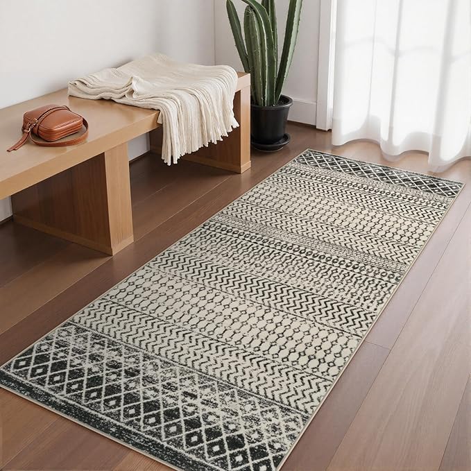 Moroccan Rug Runners for Hallways, 2x5 Ultra Soft Non-Slip Washable Rugs for Bedroom, Low Pile Distressed Black Rug Carpet Runner for Entryway Kitchen Bedroom Laundry Room