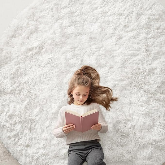 OLANLY Ivory Round Rugs for Bedroom - Machine Washable, 7x7 Feet Circle Area Rugs for Living Room, Soft and Fluffy Shaggy Carpet for Teen Girls and Boys, Dorms, Nursery Rooms, Home Decor Aesthetic