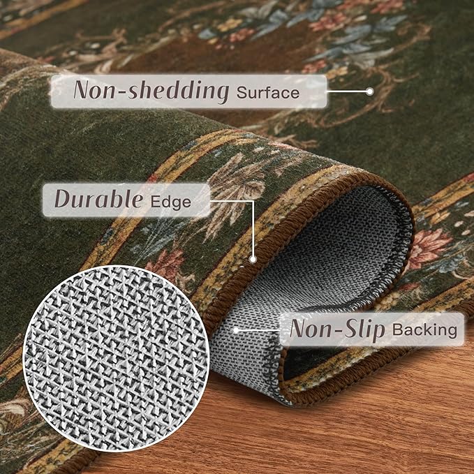 RYB HOME 2x8 Bedroom Rug Runner, Extra Long Floral Vintage Entrance Runner Rug, Soft Stain Resistant Non Slip for Hallway Living Room Doorway, 2x8 ft, Olive Green