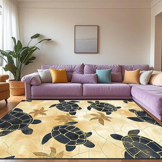 Yellow Sea Turtle Rug - Sea Turtle Carpet, Beach Themed Carpet for Kids Teens Adults Ocean Animal Rugs for Living Room Indoor Coastal Children Play Room Floor Mat 5x7 Feet