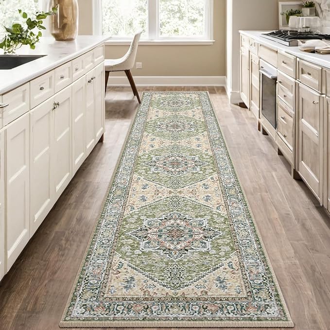 BESTSWEETIE 2x8 Area Rugs for Living Room Washable Non Slip Carpet Low Pile Soft Vintage Print Pattern Rug for Bedroom Dining Room Kitchen Entryway Indoor-Green/Light tan/Blue/Grey