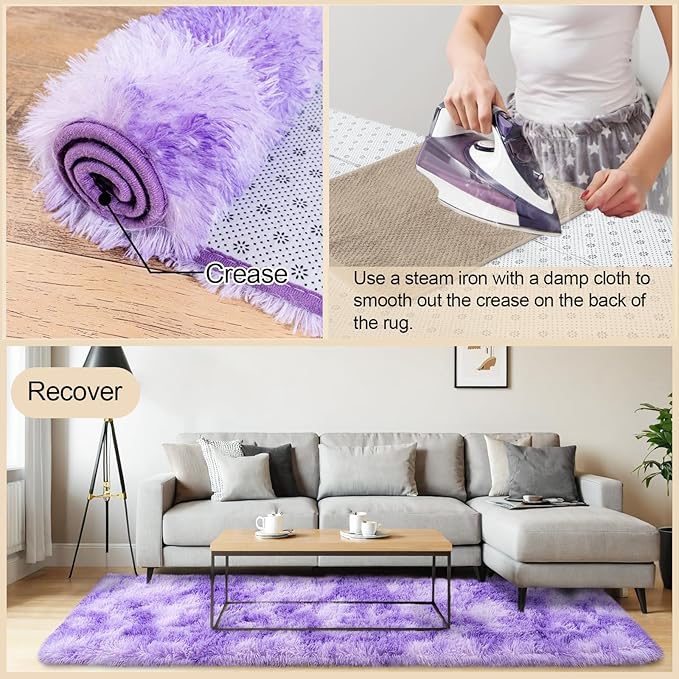2x3 Rugs for Bedroom, Fluffy Area Rugs for Living Room, Soft Shag Kids Rug Small Carpet with 4 Non-Slip Rug Pads (Purple TieDyed, 2ft x 3ft)