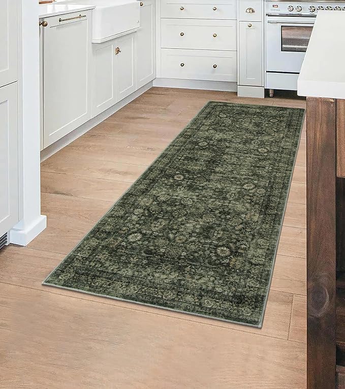 Morebes 2x6 Vintage Washable Dark Green Kitchen Runner Rug Non Slip, Boho Runners for Hallways, Non Shedding Soft Indoor Floor Throw Carpet for Laundry Living Room Bathroom Bedroom