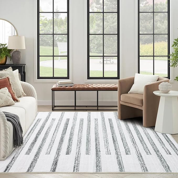 Carvapet Rugs for Living Room Bedroom, Soft Striped Modern Boho Low Pile Large Carpet with Rubber Backing, Foldable, Non Slip Machine Washable (9 x 6 Feet Rectangular, Grey/Green Area Rug)