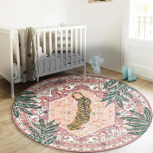 Washable Pink Rugs Thin Oriental Boho Vintage Cute Tropical Leopard 5ft Round Area Rugs for Bedroom Kitchen Dining Living Room Office Indoor Entryway Distressed Nursery Circle Carpet