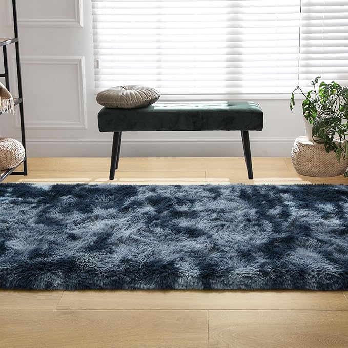 Tepook Fluffy Runner Rugs for Bedroom Aesthetic 2x6 Feet, Shag Soft Bedside Rug with Non-Slip Bottom, Fuzzy Plush Carpet for Room, Hallway Rug for Nursery Dorm Indoor Home Decor, Tie-dye Dark Blue