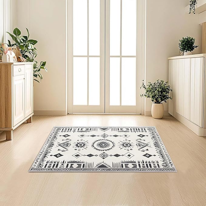 2x3 Area Rug Machine Washable Entryway Rugs Western Tribal Southwestern Black White Rug Non-Slip Low Pile Door Mat Entrance Small Carpet for Home Kitchen Bathroom Bedroom